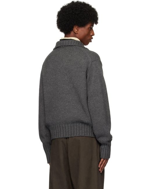 AURALEE Wool Soft Cord Knit Half Zip Sweater in Black for