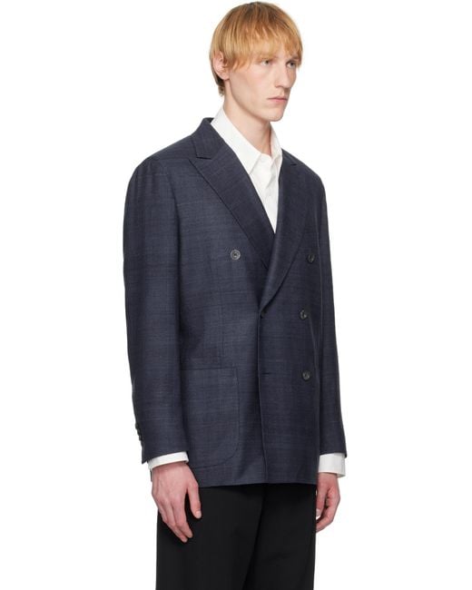 Drake's Blue Tussah Silk Double-Breasted Tailored Blazer for men