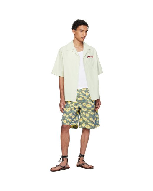 Marni Green Linen Blend Blurry Floral Print Shorts for men