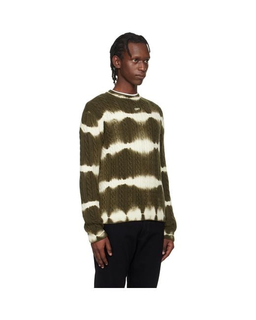Off-White c/o Virgil Abloh Black Khaki & Off Stamp Cable Knit Crewneck Sweater for men