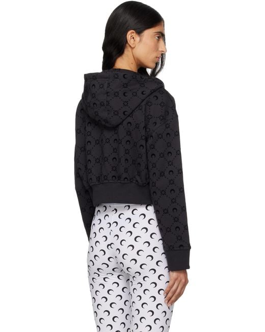 MARINE SERRE Black Moonogram Flocked Fleece Cropped Zipped Hoodie