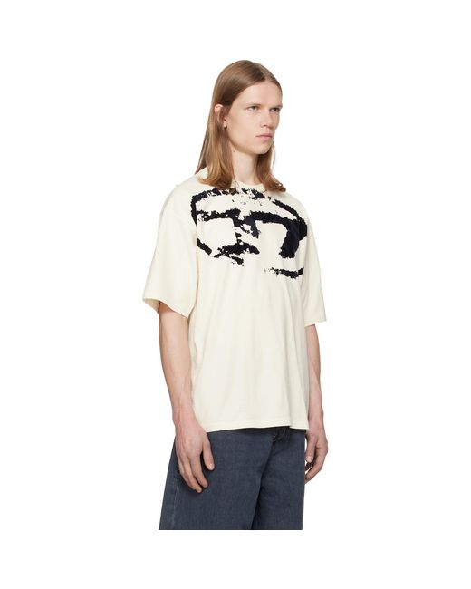 DIESEL White Off- Distressed Flocked Logo T-Shirt for men
