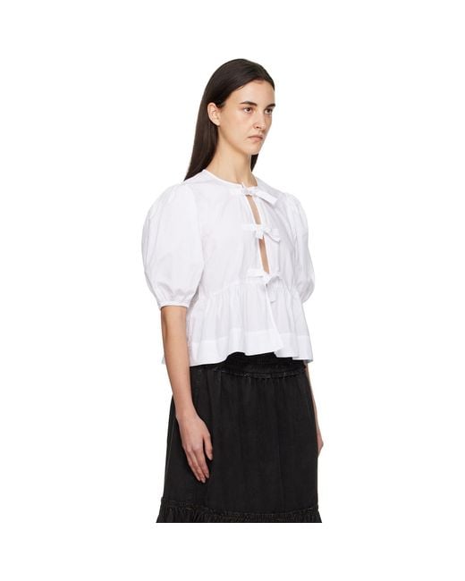 Ganni White Cotton Poplin Peplum Tie Blouse