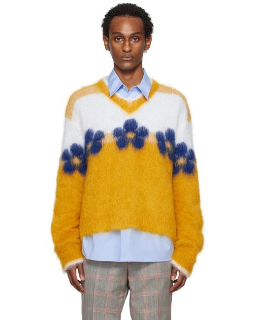Pull jaune en tricot brossé à motif fleuri Marni pour homme en coloris Orange