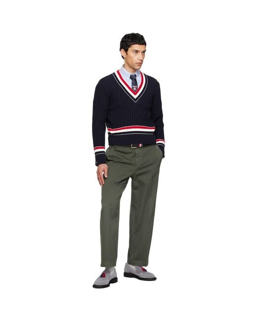 Thom Browne Blue Cable V Neck Sweater for men