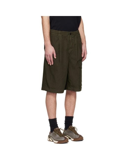 C P Company Black Khaki Micro-Reps Boxy Lens Shorts for men