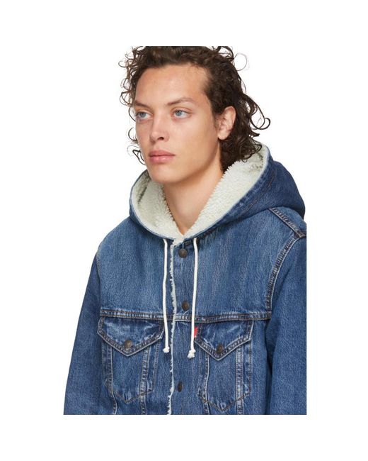 Levi's Blue Denim Sherpa Hooded Long Trucker Jacket for Men | Lyst Australia