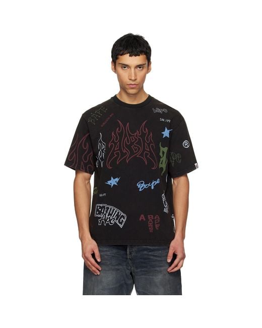 A Bathing Ape Black Overall Print Relaxed Fit T-Shirt for men
