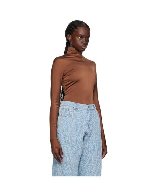 Mugler Blue Brown Mock Neck Bodysuit