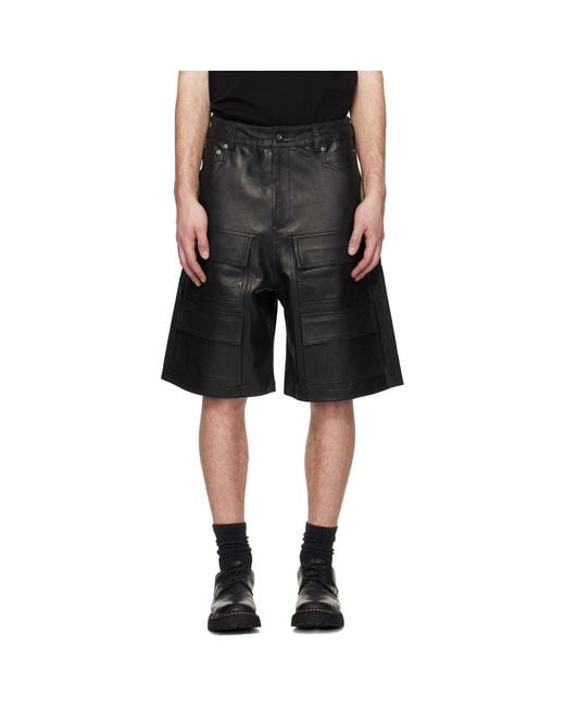 Det Blev Sent Black Leather Double Cargo Shorts for men