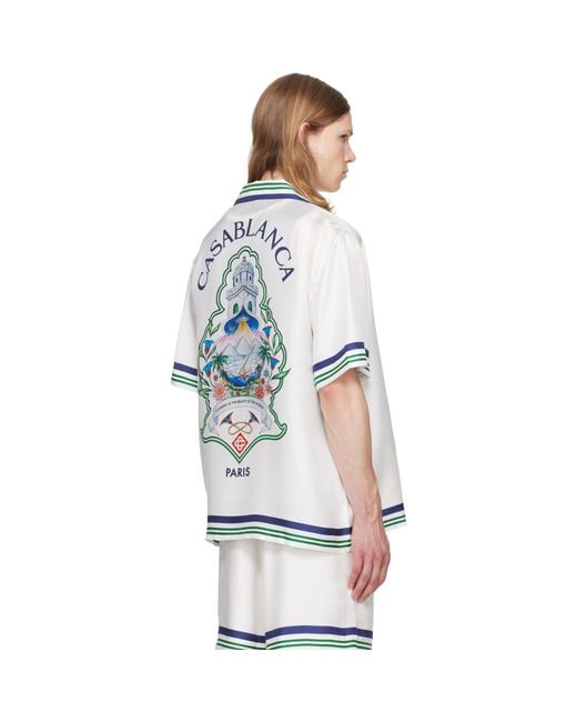 Casablanca Blue Hotel Emblem Short Sleeve Silk Shirt for men