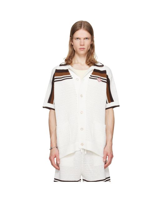 Casablanca White Tennis Stripe Crochet Short Sleeve Shirt for men