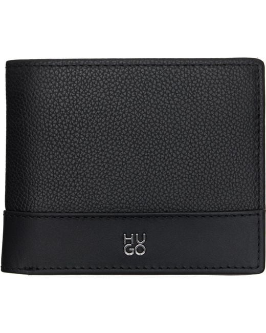 HUGO Black Stacked-Logo Trifold Leather Wallet for men