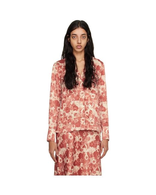 Ganni Orange Floral Long Sleeve Shirt