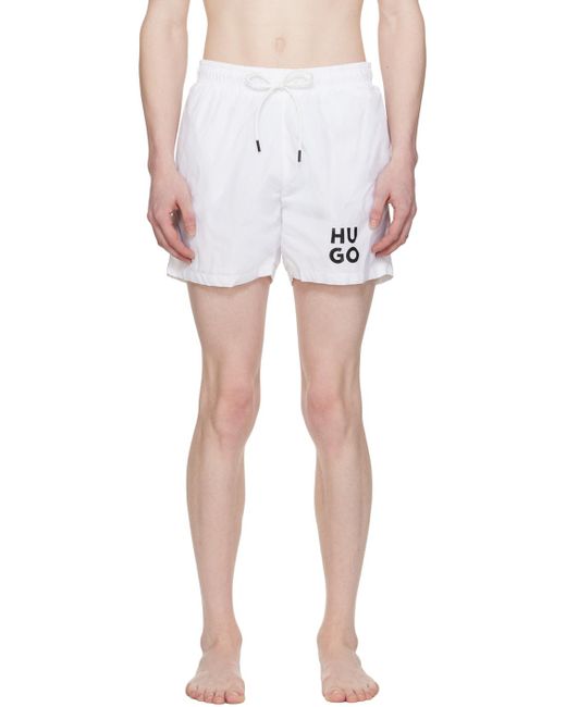 HUGO White Printed Swim Shorts for men
