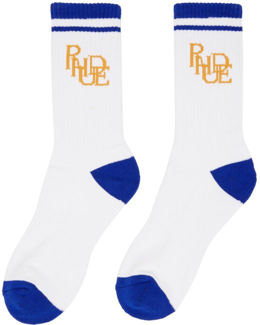 Rhude White & Blue Scribble Socks for men