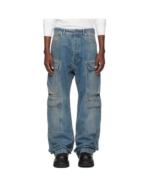 Rick Owens Blue Temple Double Denim Cargo Pants for men