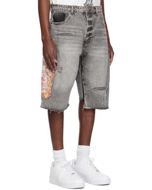 メンズ Who Decides War グレー Flame Glass Knee Cover デニムショートパンツ Gray