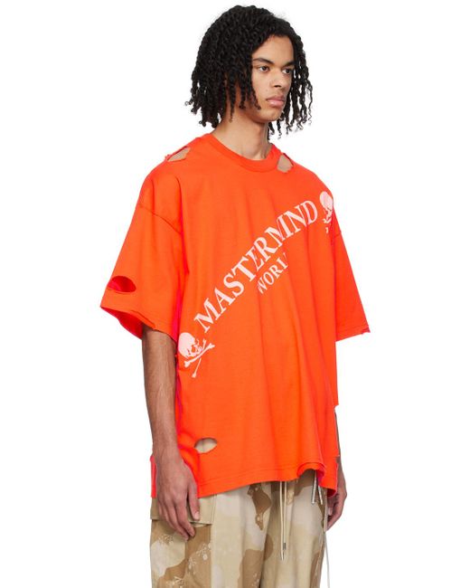 メンズ MASTERMIND WORLD ダメージ Tシャツ Orange