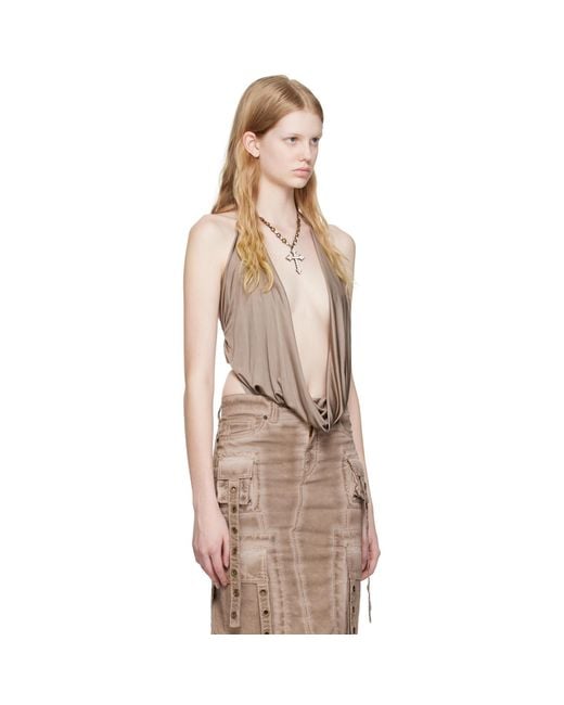Blumarine Natural Brown Plunging Bodysuit
