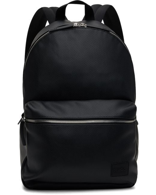 HUGO Black Perforated Faux Leather Backpack for men