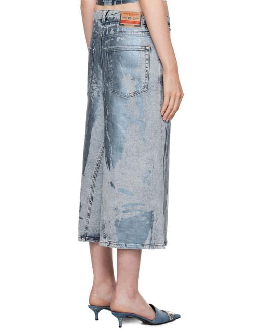 DIESEL Blue Foil-Coated Distressed Denim Midi Skirt