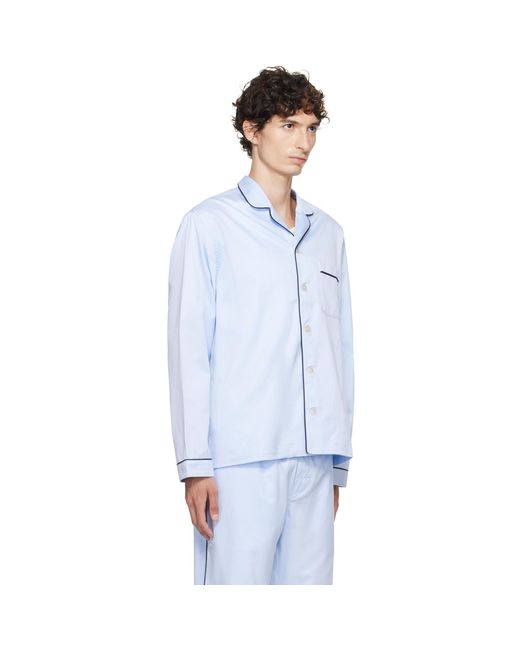 Tekla Blue Sateen Long-Sleeved Pyjama Shirt for men