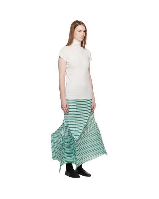 Issey Miyake Green Generic Stripes Machine Pleats Midi Skirt