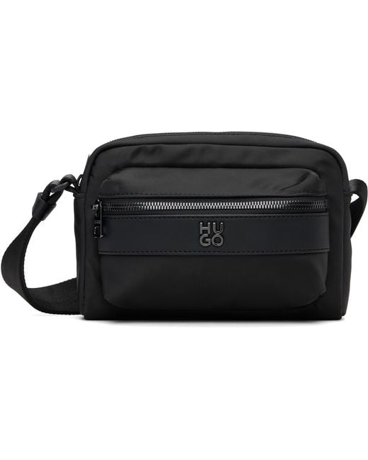 HUGO Black Stacked Logo Twill Crossbody Bag for men