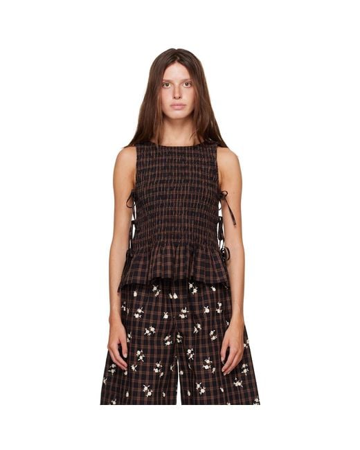 Ganni Black Yarn Dyed Check Smocked Tie String Top