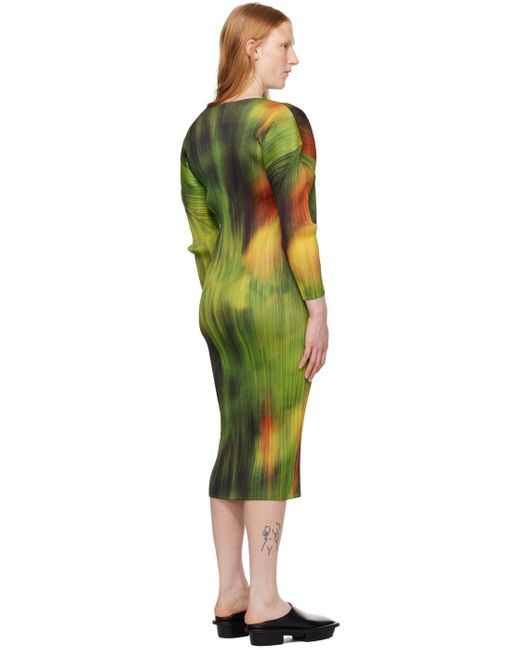 Pleats Please Issey Miyake Multicolor Green Printed Maxi Dress