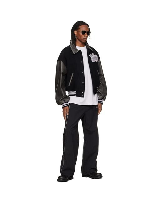 we11done Black Faux-Leather Varsity Jacket for men