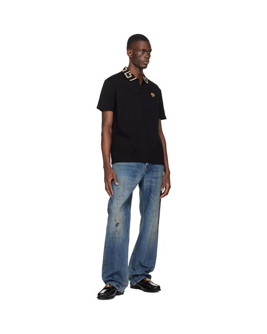 Versace Black Embroidered Cotton Piqué Polo for men