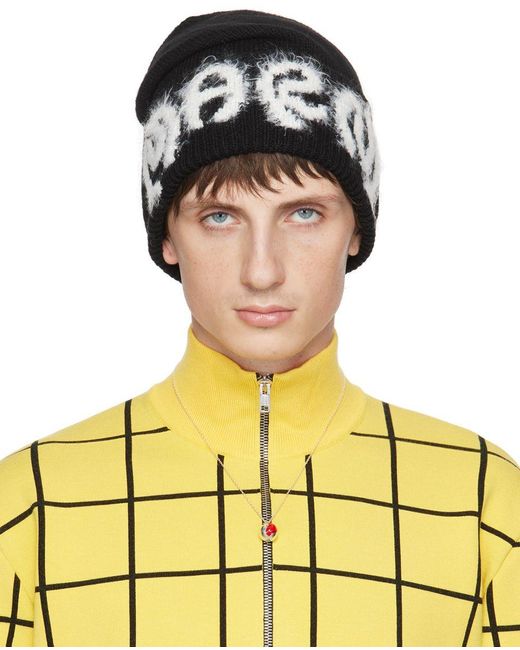 Marni Yellow Black Brushed Logo Beanie for men