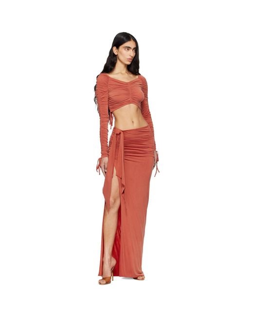 Balmain Red Ls Cropped Draped Jersey Top