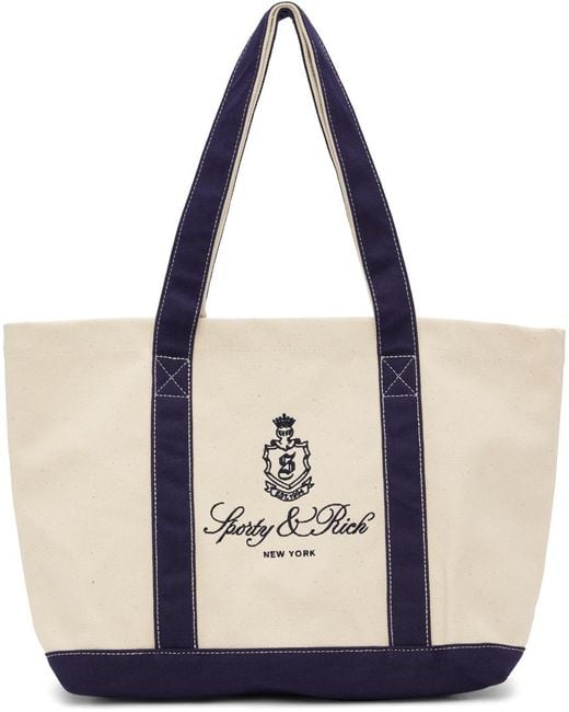Sporty & Rich Natural Navy & Off-white Embroidered Tote