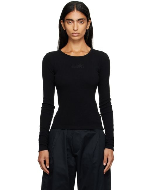 MM6 by Maison Martin Margiela Black Wool Blend Rib Jersey Long-Sleeved T-Shirt