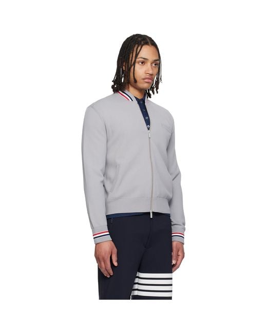 Thom Browne Gray 'Browne 65' Intarsia Zip Up Bomber Jacket for men