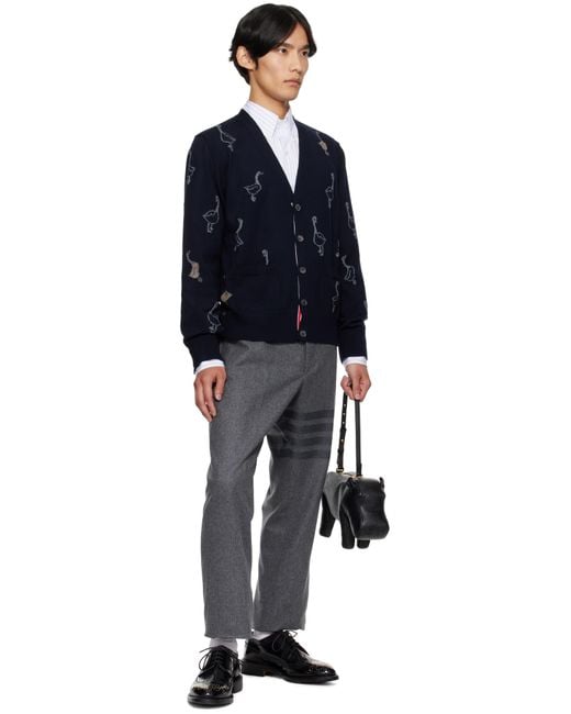 Thom Browne Blue Geese Intarsia Merino Relaxed Fit Cardigan for men