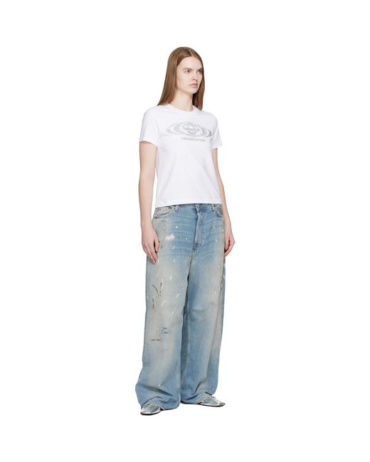 Casablanca White Crystal Warped Logo Fitted Short Sleeve T‑Shirt