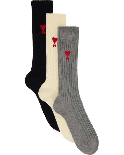 AMI Black Three-pack Multicolor Ami De Cœur Socks for men