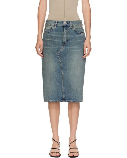 6397 Blue Faded Denim Midi Skirt