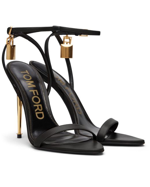 Tom Ford Black Shiny Padlock Pointy Naked Heeled Sandals
