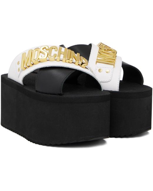 Moschino Black & White Lettering Logo Wedge Sandals