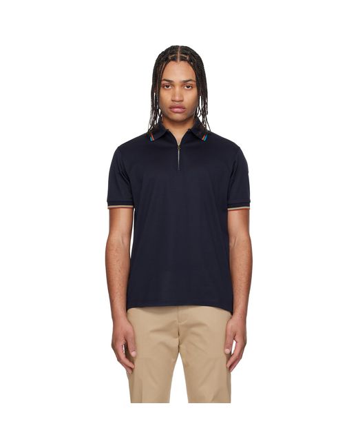 Paul Smith Blue Cotton 'Signature Stripe' Trim Zip Polo Shirt for men