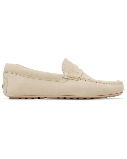Boss White Off- Penny-Trim Suede Loafers for men