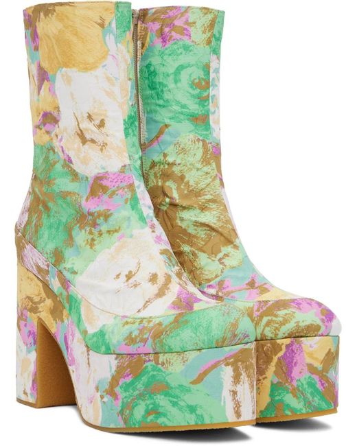 Dries Van Noten Green Multicolor Floral Platform Boots