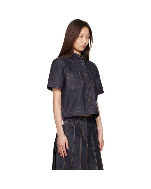 Thom Browne Black Straight Hem Button Down Point Collar Denim Shirt