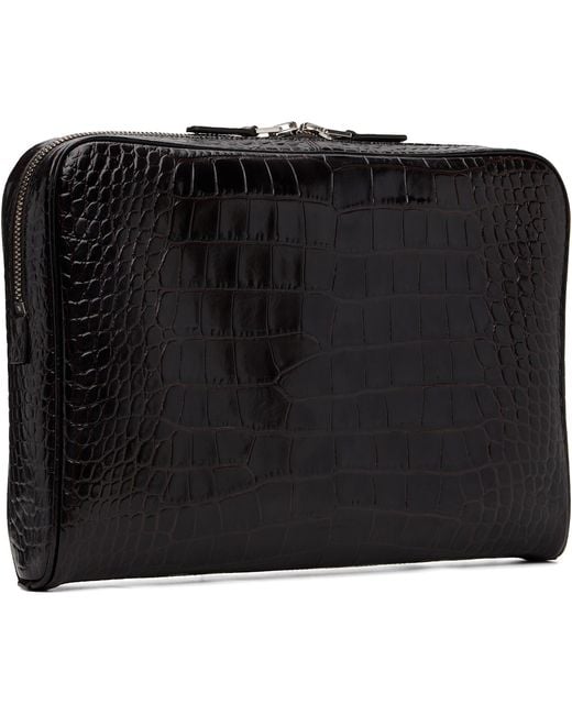 Tom Ford Black Shiny Printed Croc Minimal Laptop Pouch for men