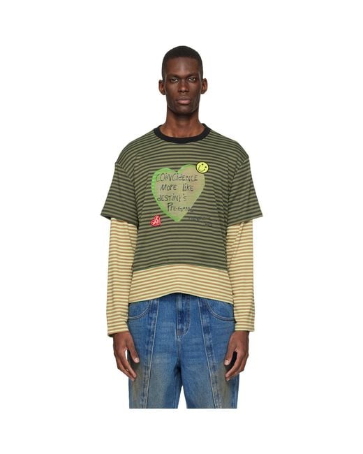 ANDERSSON BELL Multicolor Khaki Essential Heart Message Stripe Layered Ls T-Shirt for men